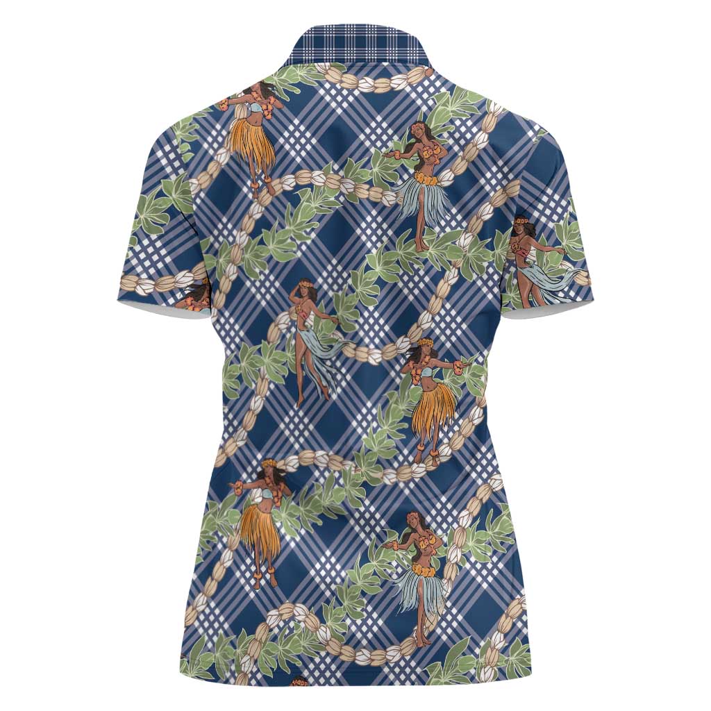Navy Blue Palaka Hula Girls Seamless Hawaii Aloha Women Polo Shirt LT7 - Polynesian Pride