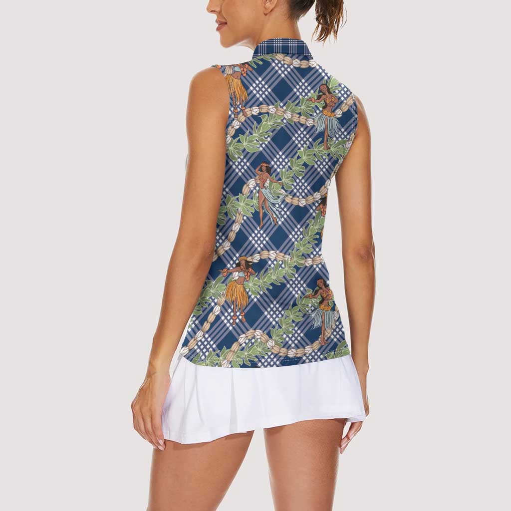 Navy Blue Palaka Hula Girls Seamless Hawaii Aloha Women Sleeveless Polo Shirt - Polynesian Pride