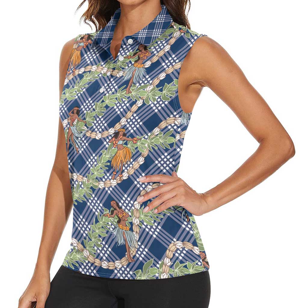Navy Blue Palaka Hula Girls Seamless Hawaii Aloha Women Sleeveless Polo Shirt - Polynesian Pride