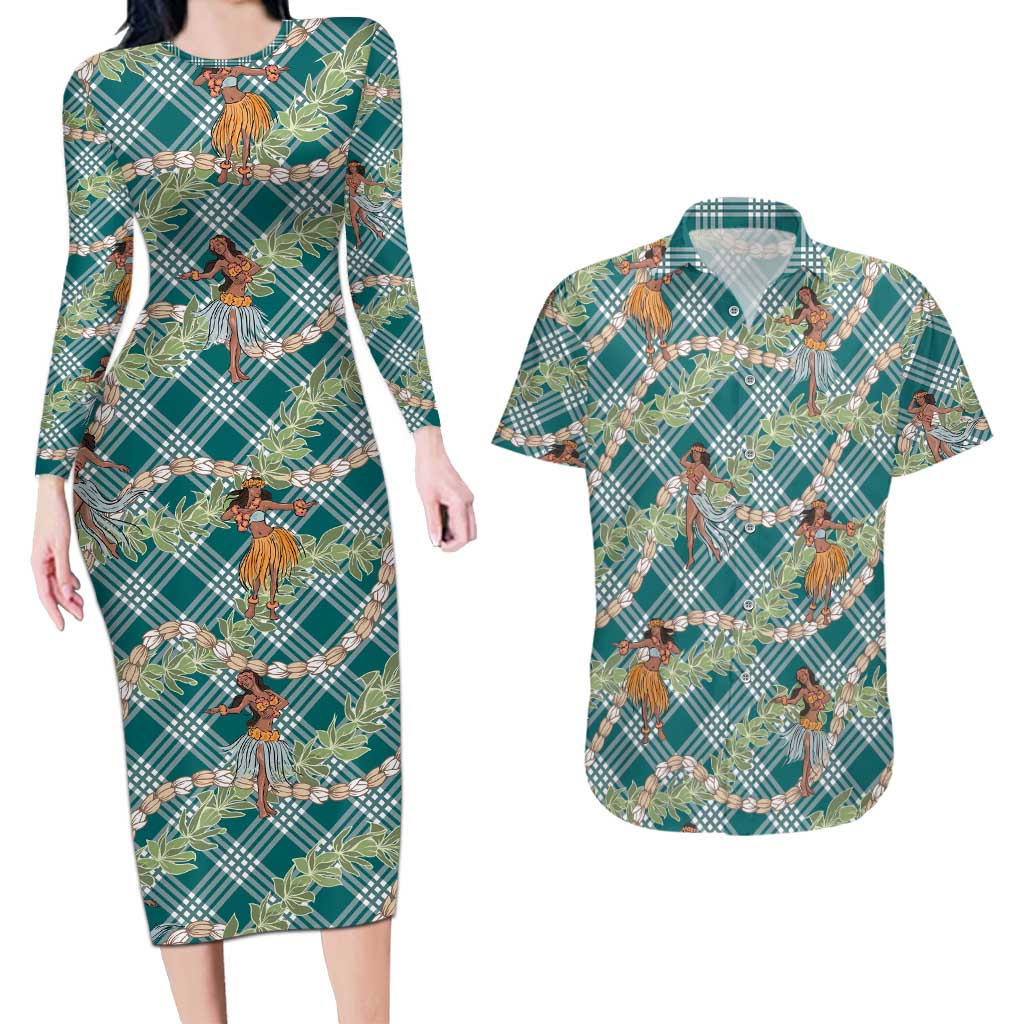 Teal Palaka Hula Girls Seamless Hawaii Aloha Couples Matching Long Sleeve Bodycon Dress and Hawaiian Shirt - Polynesian Pride