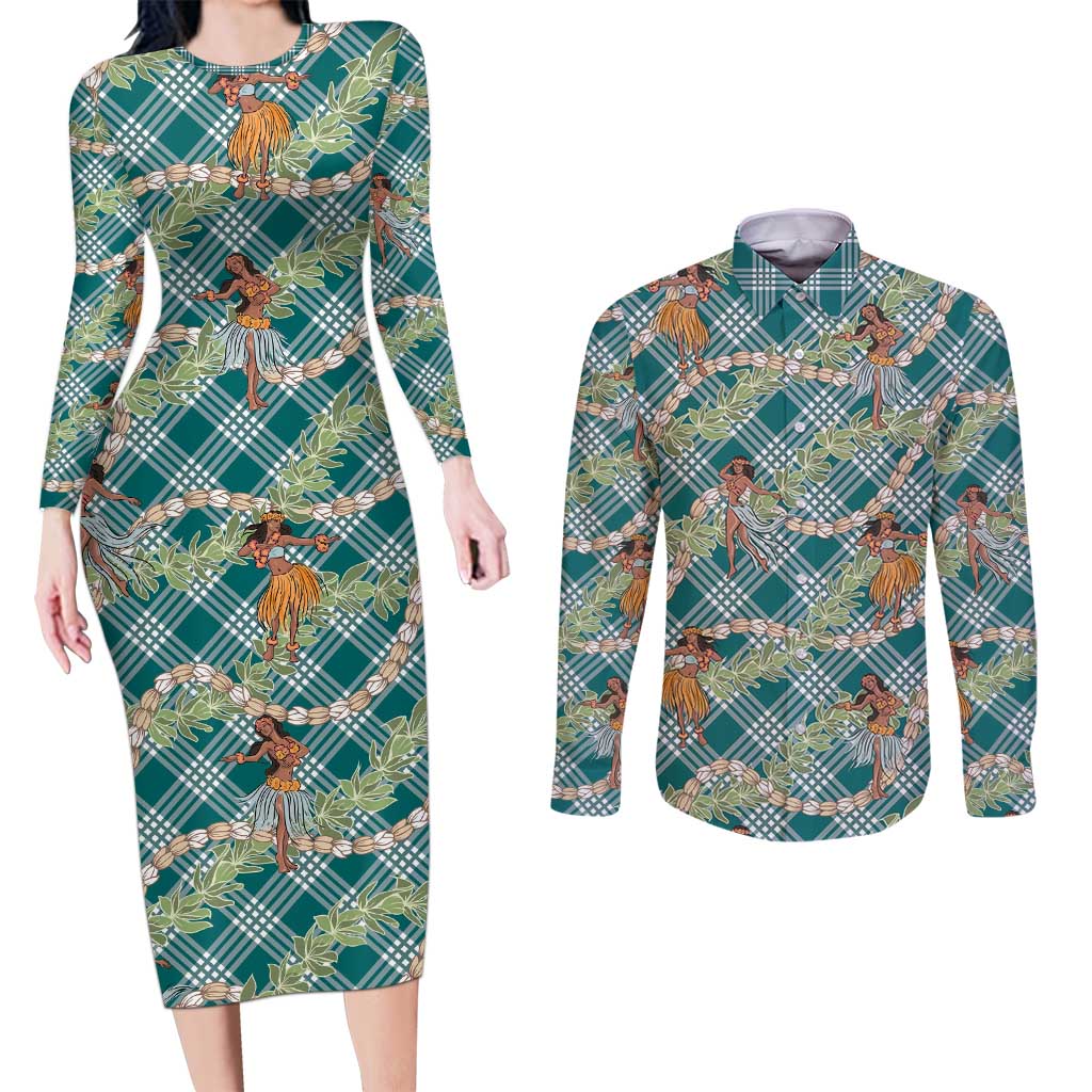 Teal Palaka Hula Girls Seamless Hawaii Aloha Couples Matching Long Sleeve Bodycon Dress and Long Sleeve Button Shirt - Polynesian Pride