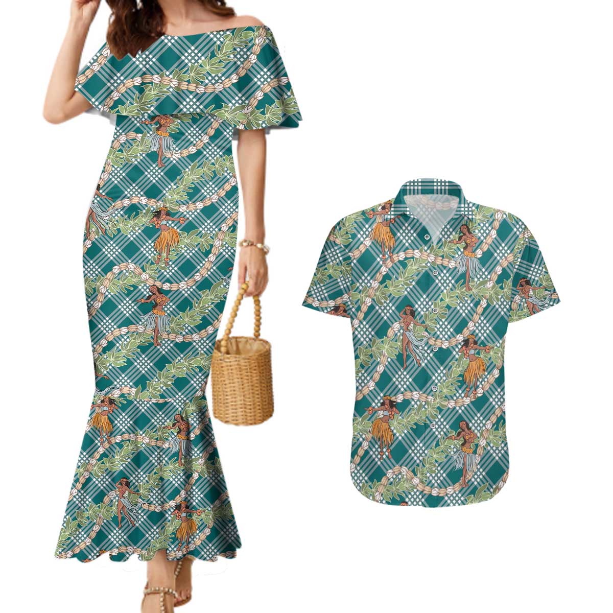 Teal Palaka Hula Girls Seamless Hawaii Aloha Couples Matching Mermaid Dress and Hawaiian Shirt - Polynesian Pride
