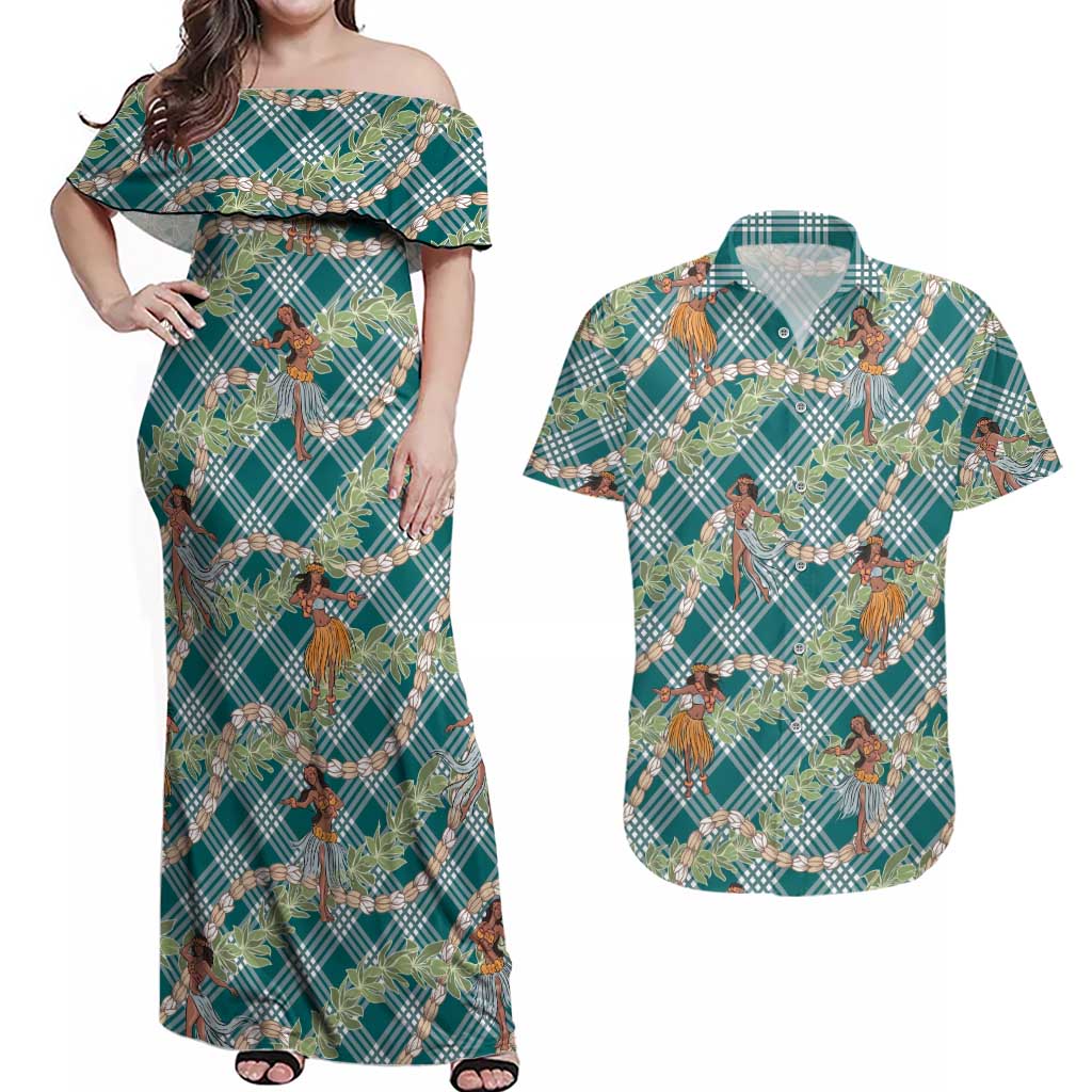 Teal Palaka Hula Girls Seamless Hawaii Aloha Couples Matching Off Shoulder Maxi Dress and Hawaiian Shirt - Polynesian Pride