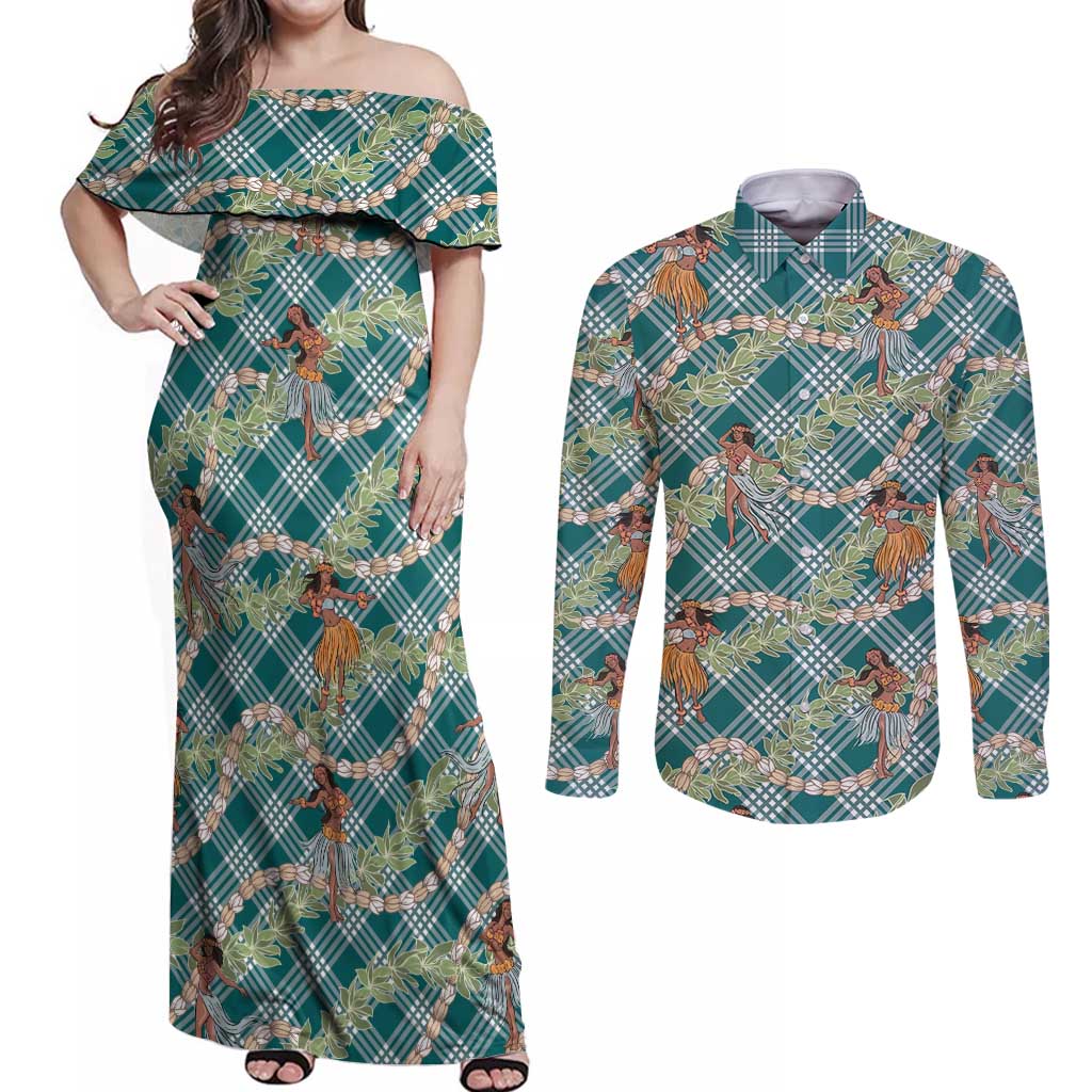 Teal Palaka Hula Girls Seamless Hawaii Aloha Couples Matching Off Shoulder Maxi Dress and Long Sleeve Button Shirt - Polynesian Pride