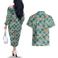 Teal Palaka Hula Girls Seamless Hawaii Aloha Couples Matching Off The Shoulder Long Sleeve Dress and Hawaiian Shirt - Polynesian Pride