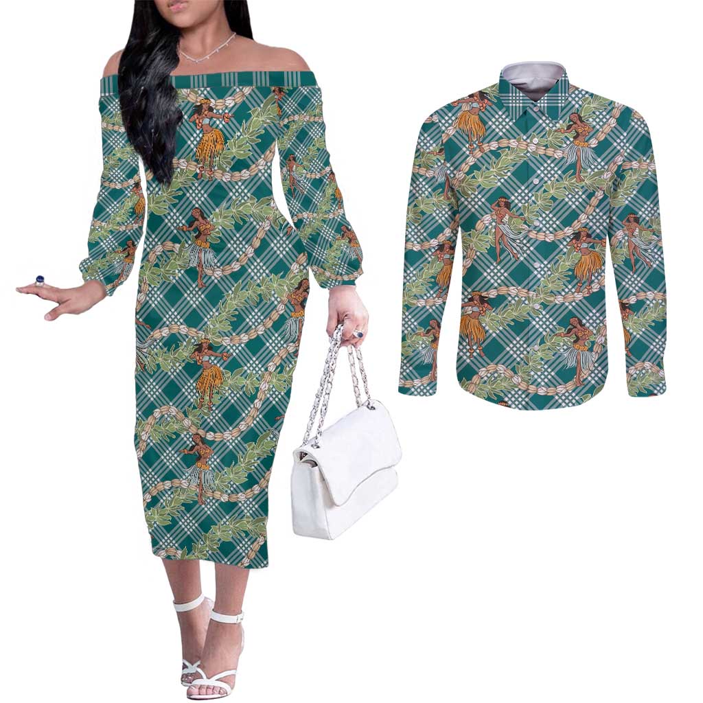 Teal Palaka Hula Girls Seamless Hawaii Aloha Couples Matching Off The Shoulder Long Sleeve Dress and Long Sleeve Button Shirt - Polynesian Pride