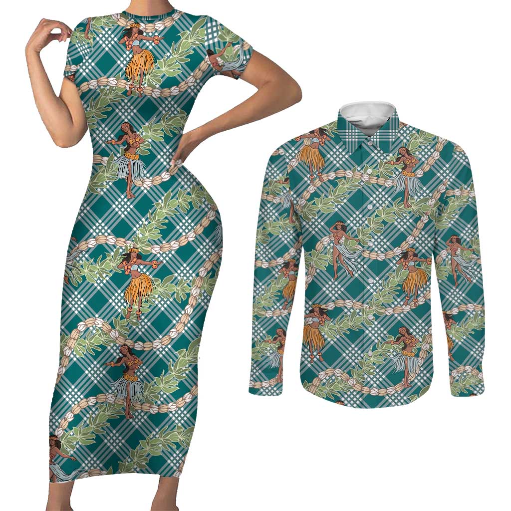 Teal Palaka Hula Girls Seamless Hawaii Aloha Couples Matching Short Sleeve Bodycon Dress and Long Sleeve Button Shirt - Polynesian Pride