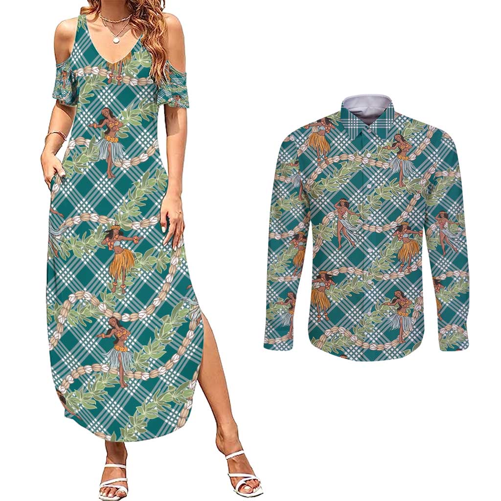 Teal Palaka Hula Girls Seamless Hawaii Aloha Couples Matching Summer Maxi Dress and Long Sleeve Button Shirt - Polynesian Pride