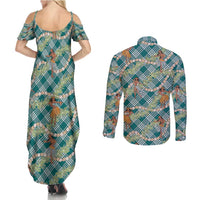 Teal Palaka Hula Girls Seamless Hawaii Aloha Couples Matching Summer Maxi Dress and Long Sleeve Button Shirt - Polynesian Pride