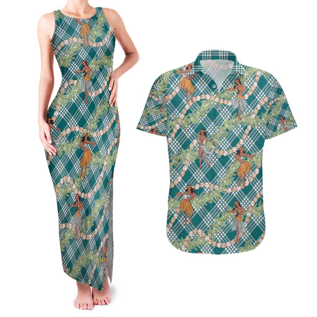 Teal Palaka Hula Girls Seamless Hawaii Aloha Couples Matching Tank Maxi Dress and Hawaiian Shirt - Polynesian Pride