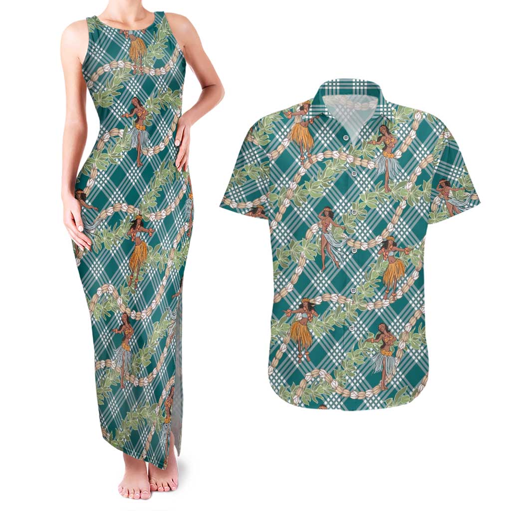 Teal Palaka Hula Girls Seamless Hawaii Aloha Couples Matching Tank Maxi Dress and Hawaiian Shirt - Polynesian Pride