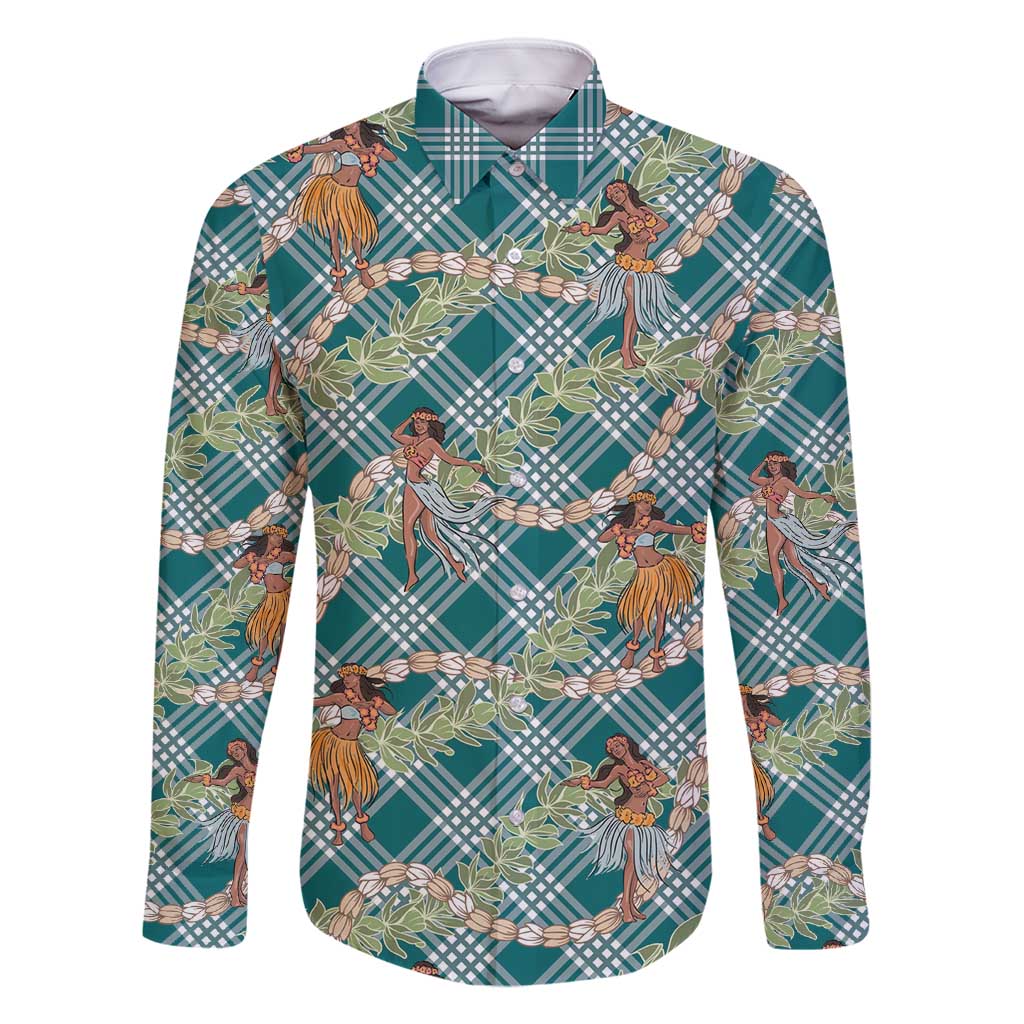 Teal Palaka Hula Girls Seamless Hawaii Aloha Family Matching Long Sleeve Bodycon Dress and Hawaiian Shirt - Polynesian Pride