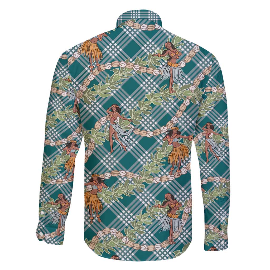 Teal Palaka Hula Girls Seamless Hawaii Aloha Family Matching Long Sleeve Bodycon Dress and Hawaiian Shirt - Polynesian Pride
