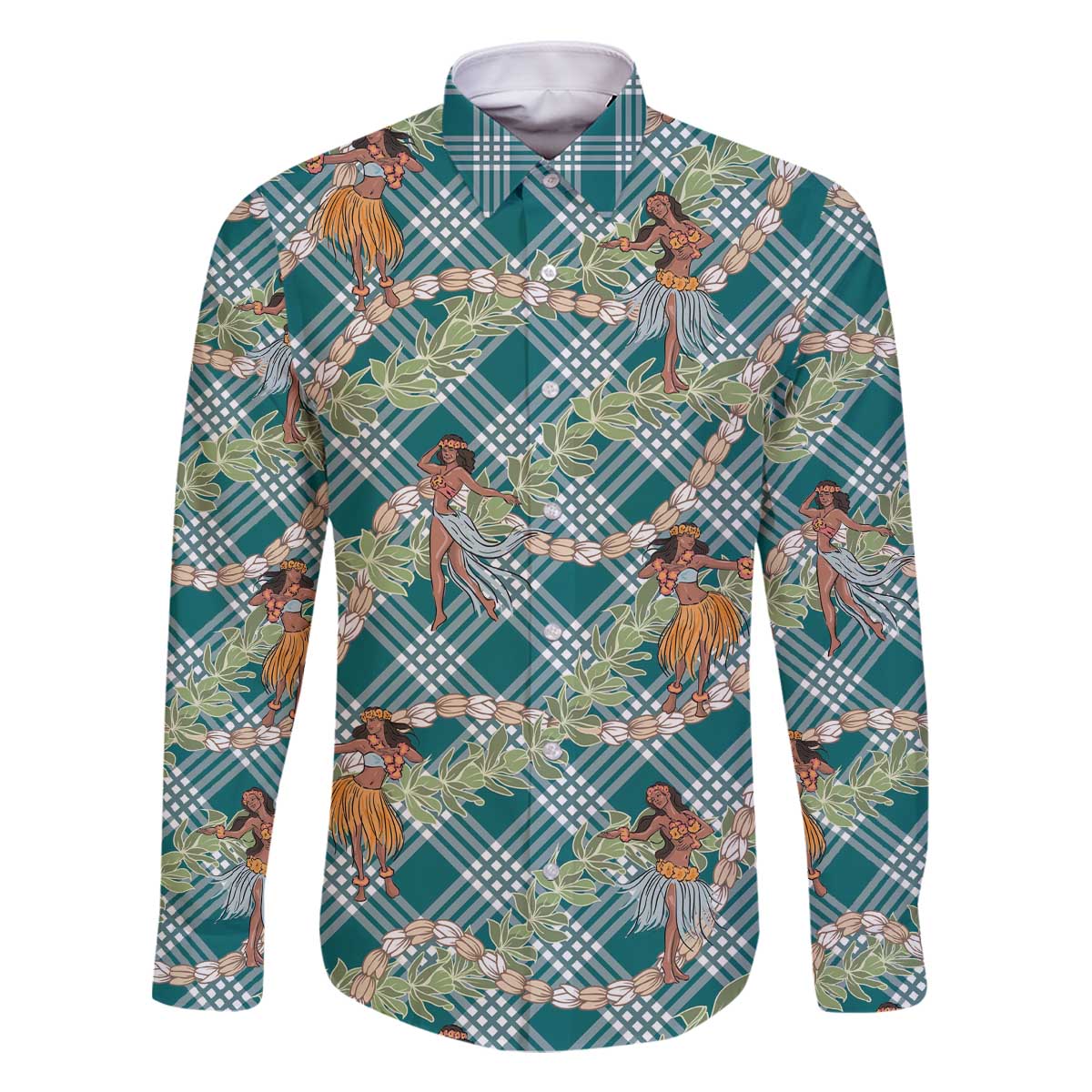 Teal Palaka Hula Girls Seamless Hawaii Aloha Family Matching Off The Shoulder Long Sleeve Dress and Hawaiian Shirt - Polynesian Pride