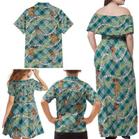 Teal Palaka Hula Girls Seamless Hawaii Aloha Family Matching Off Shoulder Maxi Dress and Hawaiian Shirt - Polynesian Pride