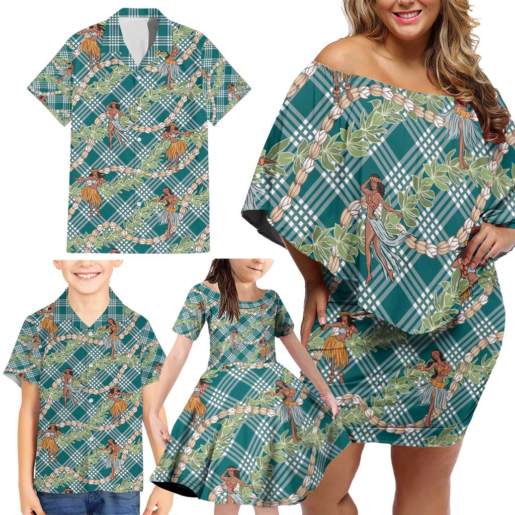 Teal Palaka Hula Girls Seamless Hawaii Aloha Family Matching Off Shoulder Short Dress and Hawaiian Shirt - Polynesian Pride