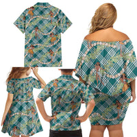 Teal Palaka Hula Girls Seamless Hawaii Aloha Family Matching Off Shoulder Short Dress and Hawaiian Shirt - Polynesian Pride