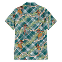 Teal Palaka Hula Girls Seamless Hawaii Aloha Family Matching Off Shoulder Short Dress and Hawaiian Shirt - Polynesian Pride