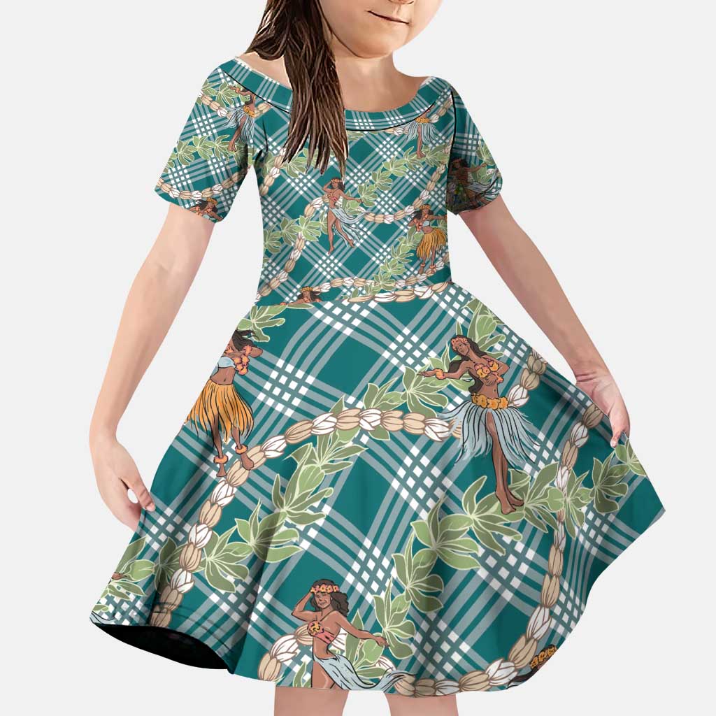 Teal Palaka Hula Girls Seamless Hawaii Aloha Family Matching Puletasi and Hawaiian Shirt LT7 Daughter's Dress Teal - Polynesian Pride
