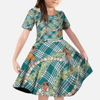 Teal Palaka Hula Girls Seamless Hawaii Aloha Family Matching Puletasi and Hawaiian Shirt LT7 Daughter's Dress Teal - Polynesian Pride