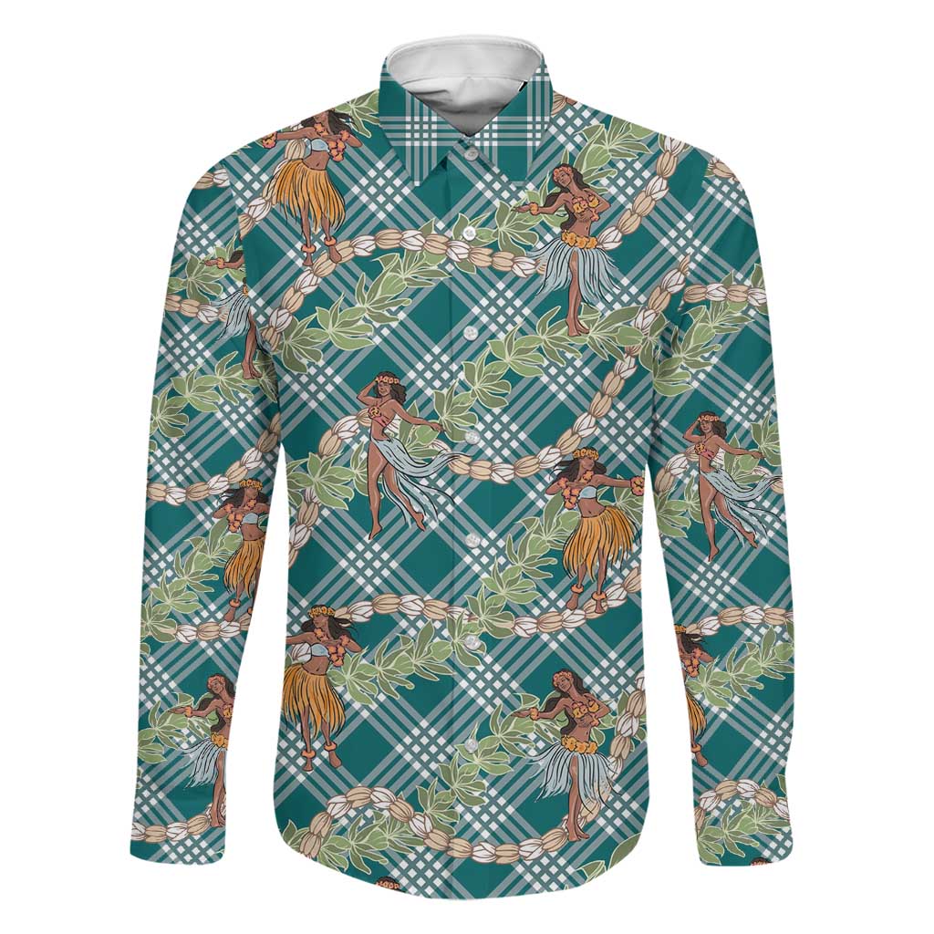 Teal Palaka Hula Girls Seamless Hawaii Aloha Family Matching Puletasi and Hawaiian Shirt LT7 Dad's Shirt - Long Sleeve Teal - Polynesian Pride