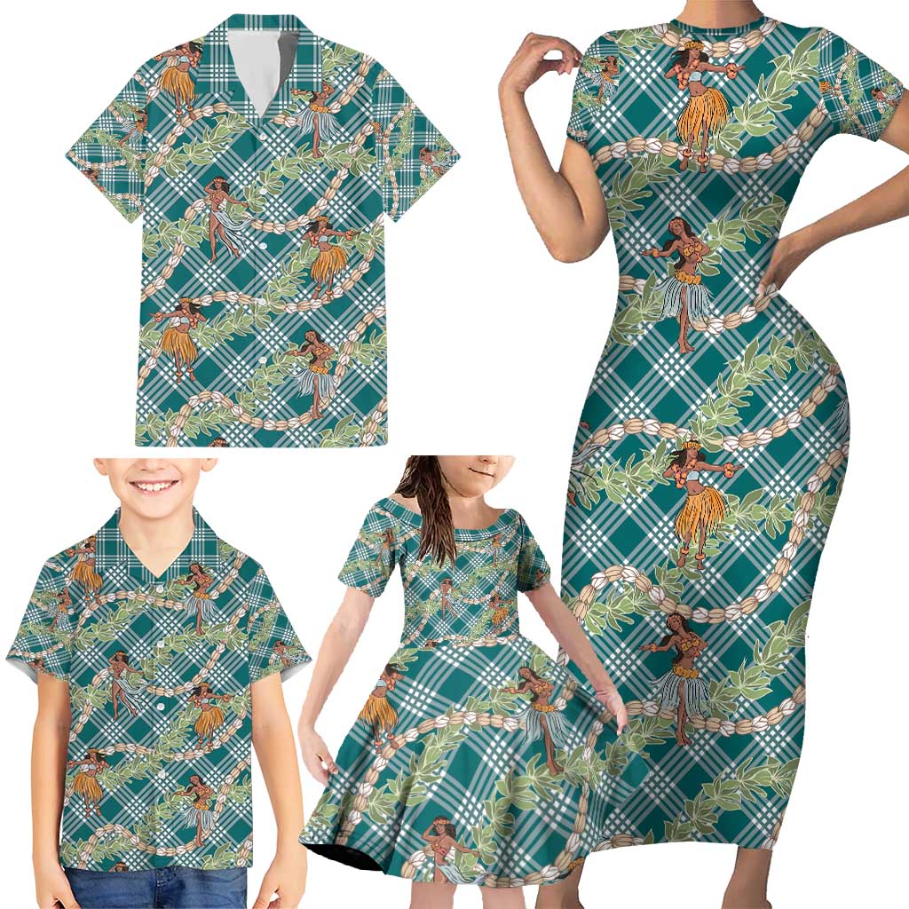 Teal Palaka Hula Girls Seamless Hawaii Aloha Family Matching Short Sleeve Bodycon Dress and Hawaiian Shirt - Polynesian Pride