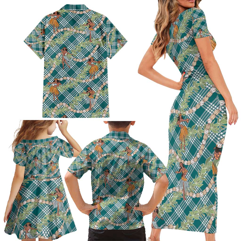 Teal Palaka Hula Girls Seamless Hawaii Aloha Family Matching Short Sleeve Bodycon Dress and Hawaiian Shirt - Polynesian Pride