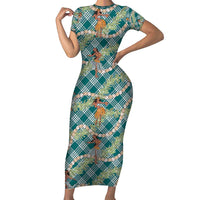 Teal Palaka Hula Girls Seamless Hawaii Aloha Family Matching Short Sleeve Bodycon Dress and Hawaiian Shirt - Polynesian Pride