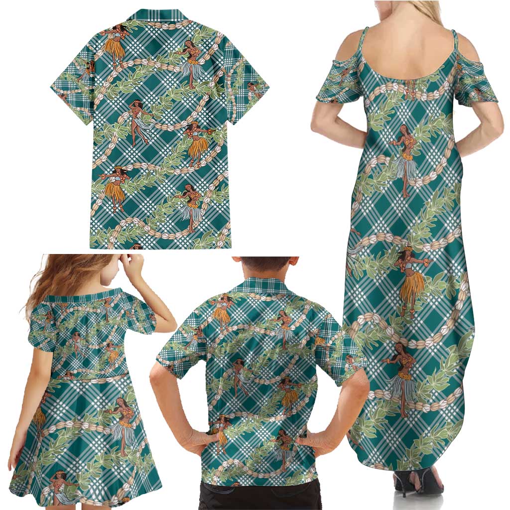 Teal Palaka Hula Girls Seamless Hawaii Aloha Family Matching Summer Maxi Dress and Hawaiian Shirt - Polynesian Pride