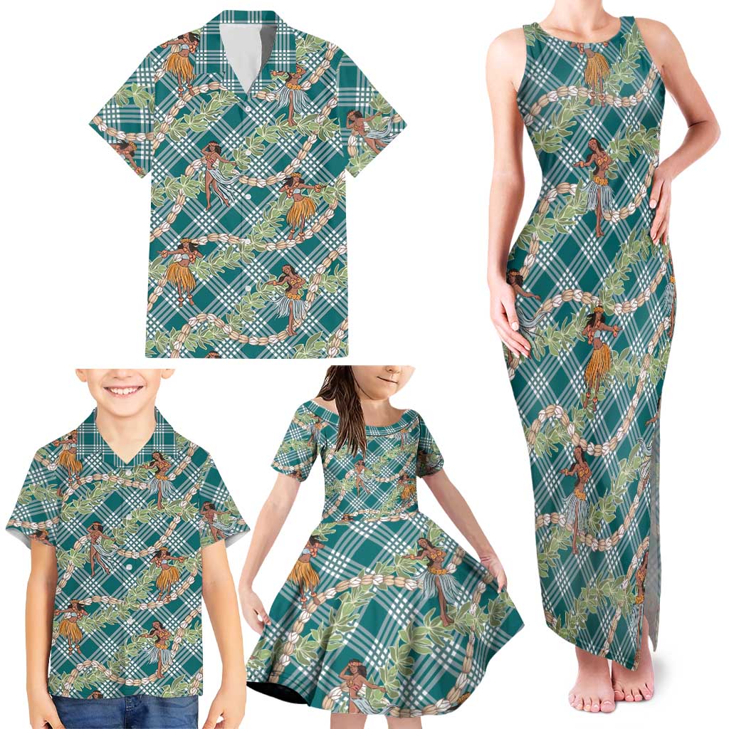 Teal Palaka Hula Girls Seamless Hawaii Aloha Family Matching Tank Maxi Dress and Hawaiian Shirt - Polynesian Pride