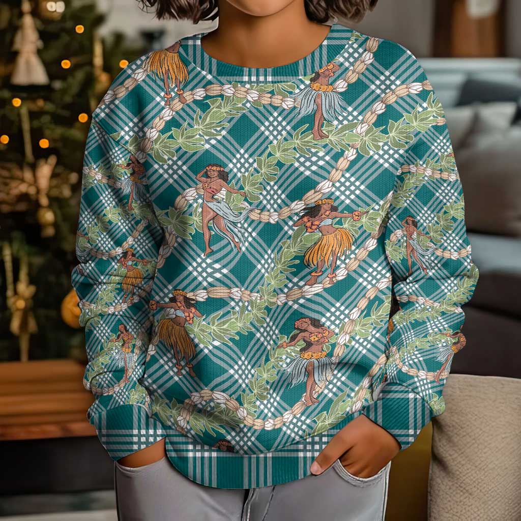 Teal Palaka Hula Girls Seamless Hawaii Aloha Kid Ugly Christmas Sweater - Polynesian Pride