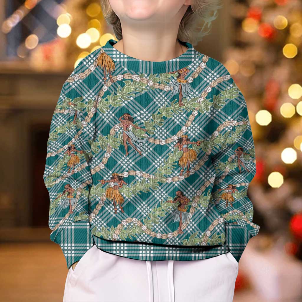 Teal Palaka Hula Girls Seamless Hawaii Aloha Kid Ugly Christmas Sweater - Polynesian Pride