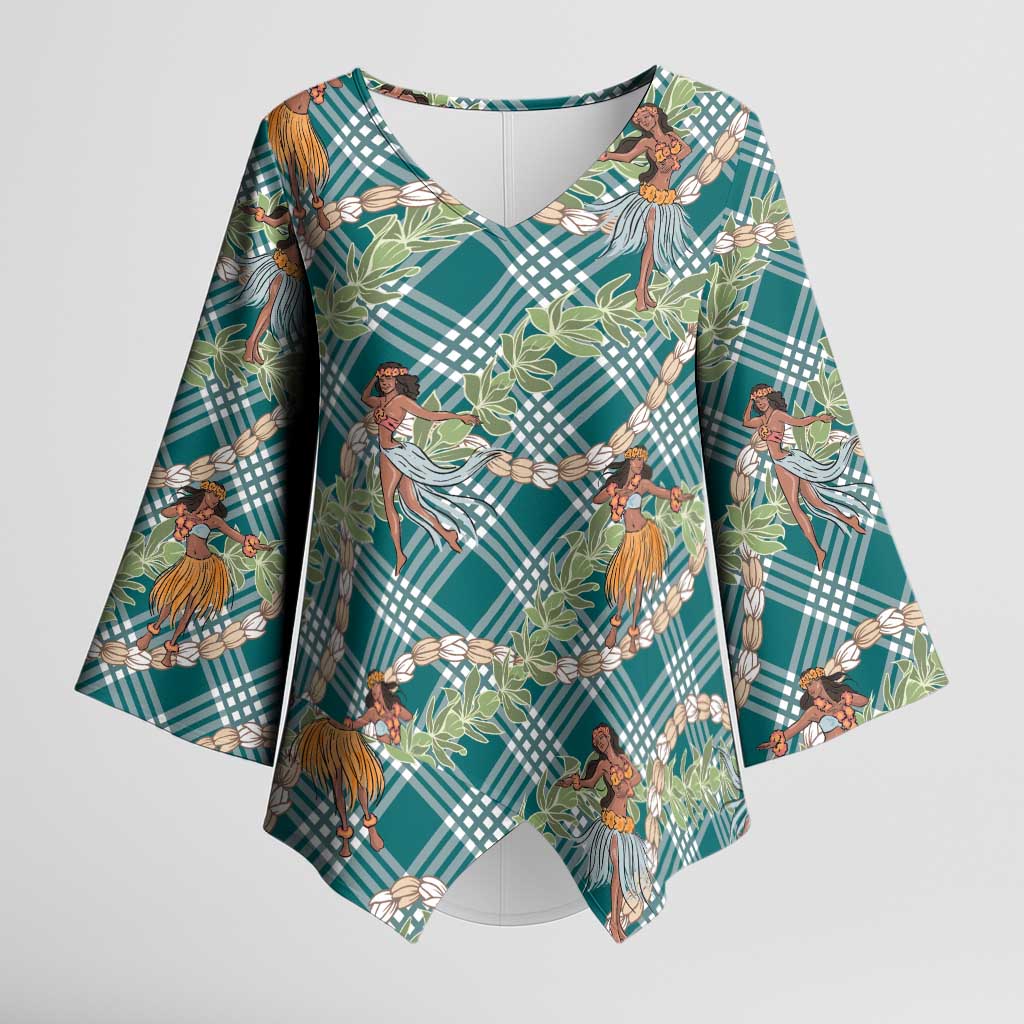 Teal Palaka Hula Girls Seamless Hawaii Aloha Kimono Sleeve Blouse - Polynesian Pride