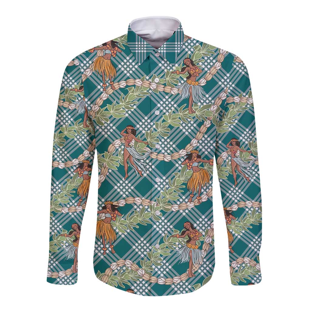 Teal Palaka Hula Girls Seamless Hawaii Aloha Long Sleeve Button Shirt - Polynesian Pride