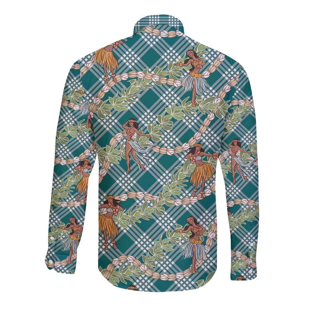 Teal Palaka Hula Girls Seamless Hawaii Aloha Long Sleeve Button Shirt - Polynesian Pride