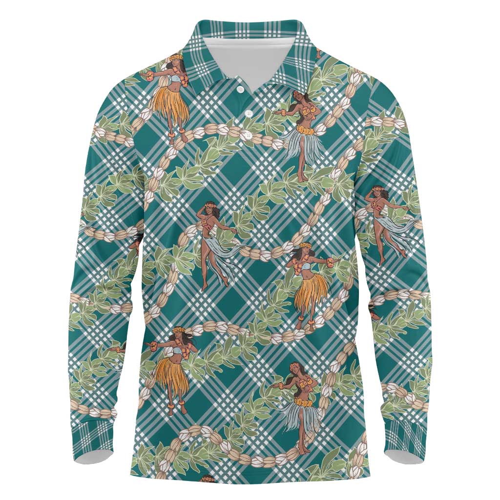 Teal Palaka Hula Girls Seamless Hawaii Aloha Long Sleeve Polo Shirt - Polynesian Pride