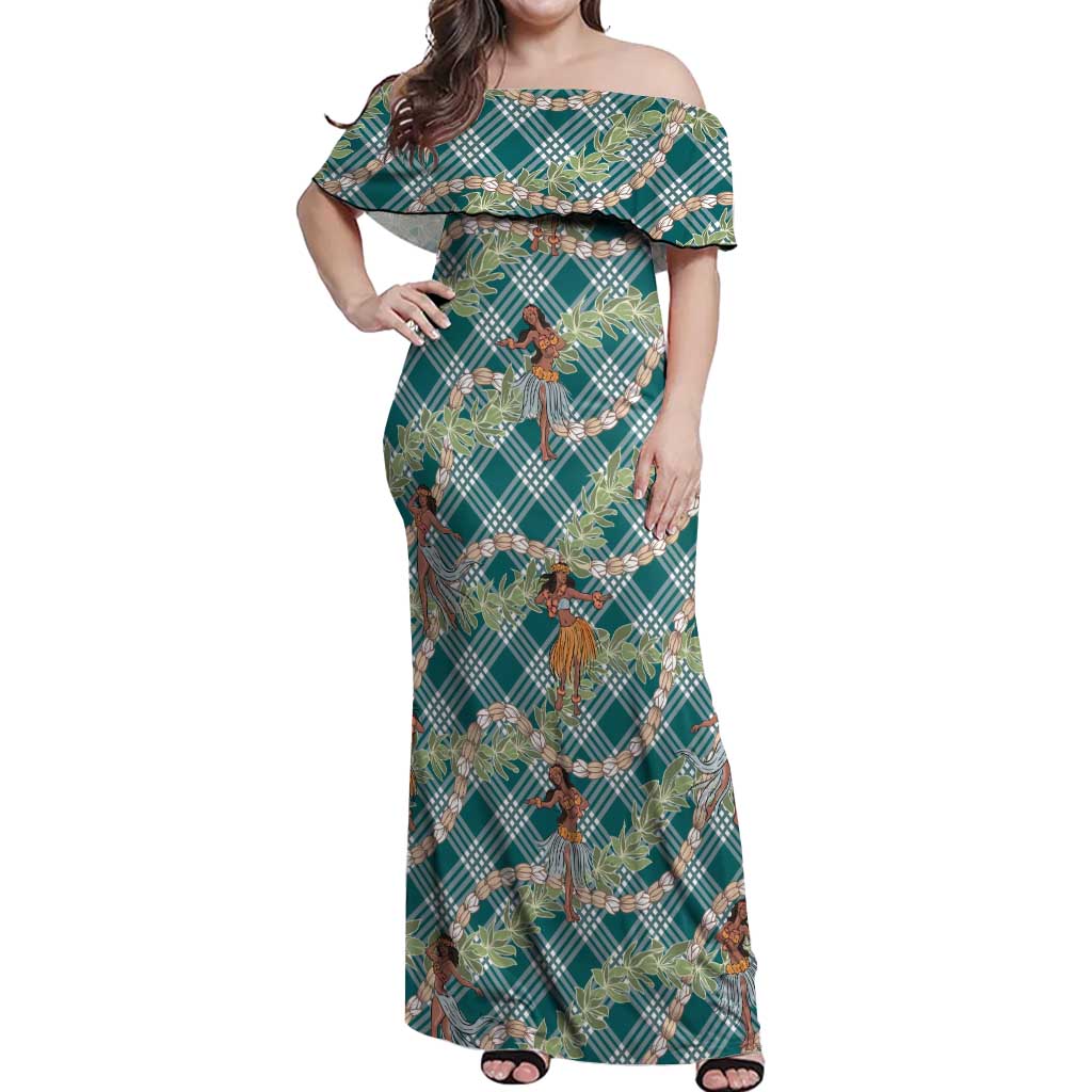Teal Palaka Hula Girls Seamless Hawaii Aloha Off Shoulder Maxi Dress LT7 Women Teal - Polynesian Pride