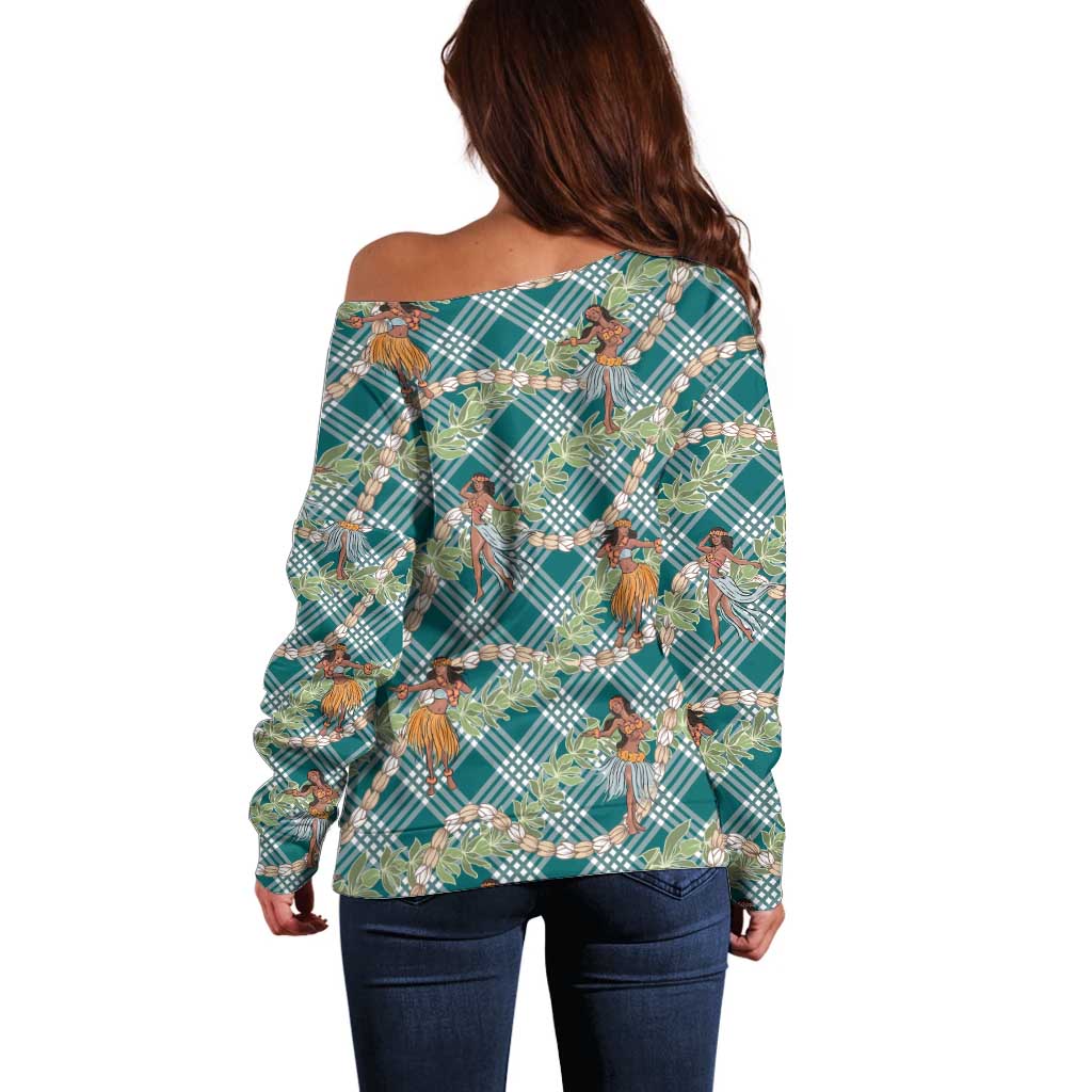 Teal Palaka Hula Girls Seamless Hawaii Aloha Off Shoulder Sweater - Polynesian Pride