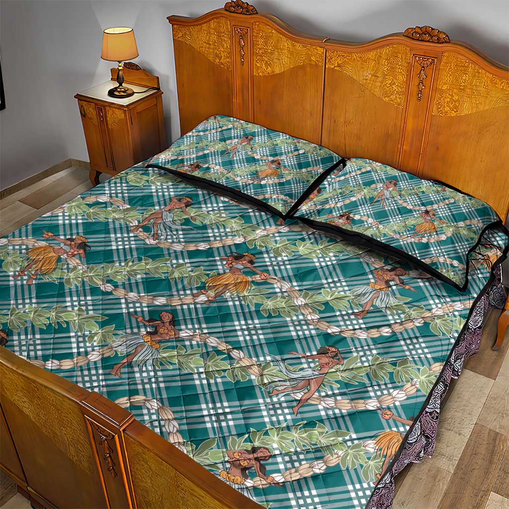 Teal Palaka Hula Girls Seamless Hawaii Aloha Quilt Bed Set - Polynesian Pride