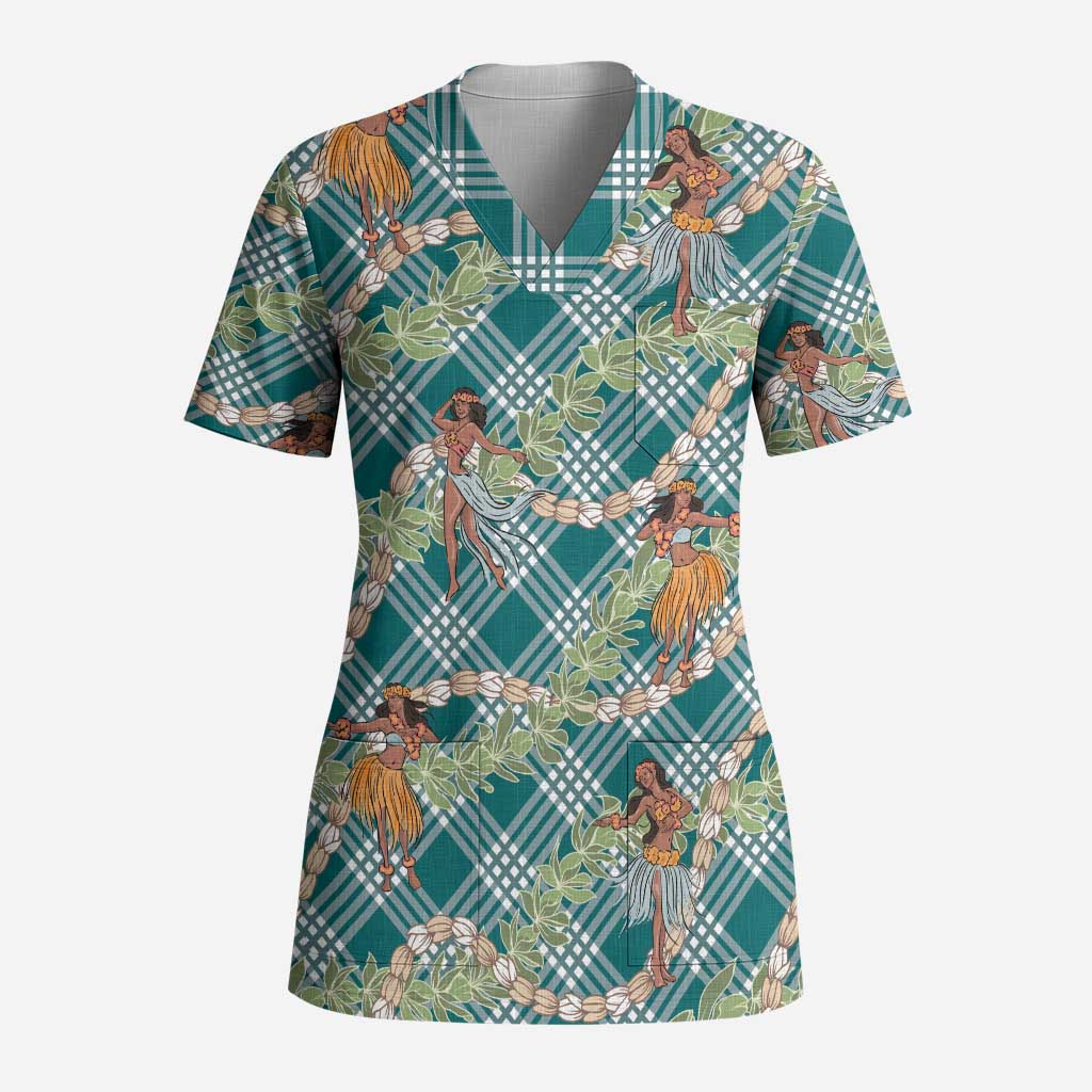 Teal Palaka Hula Girls Seamless Hawaii Aloha Scrub Top - Polynesian Pride