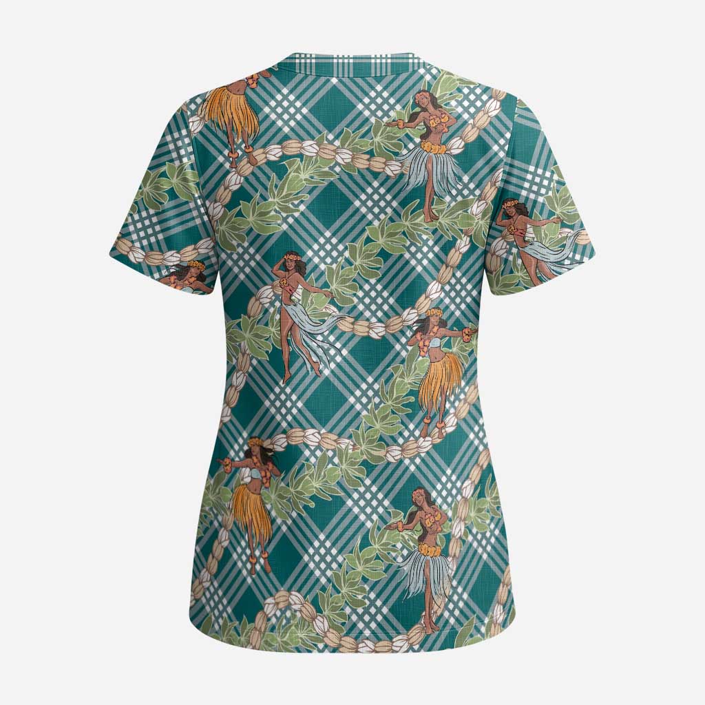 Teal Palaka Hula Girls Seamless Hawaii Aloha Scrub Top - Polynesian Pride