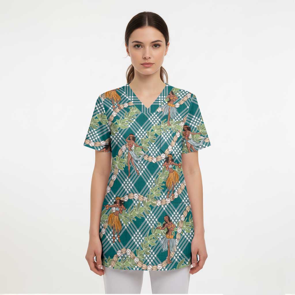 Teal Palaka Hula Girls Seamless Hawaii Aloha Scrub Top - Polynesian Pride