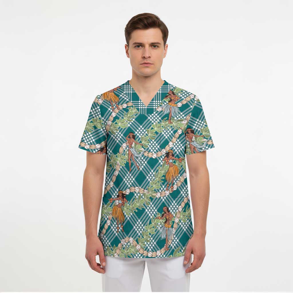 Teal Palaka Hula Girls Seamless Hawaii Aloha Scrub Top - Polynesian Pride