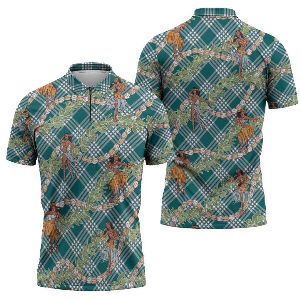 Teal Palaka Hula Girls Seamless Hawaii Aloha Zipper Polo Shirt - Polynesian Pride