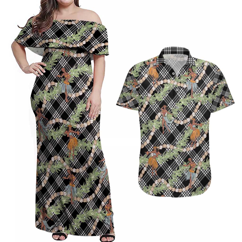 Sable Palaka Hula Girls Seamless Hawaii Aloha Couples Matching Off Shoulder Maxi Dress and Hawaiian Shirt - Polynesian Pride