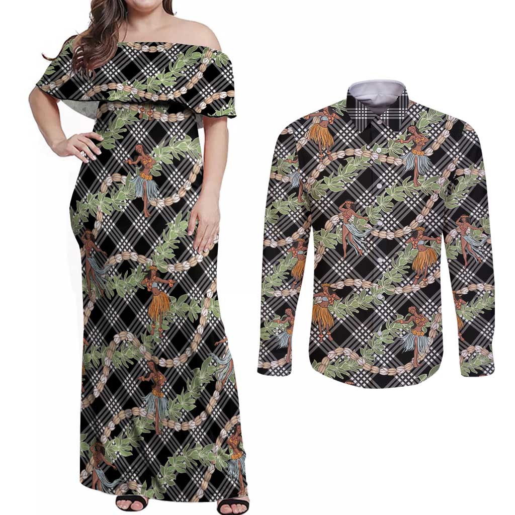 Sable Palaka Hula Girls Seamless Hawaii Aloha Couples Matching Off Shoulder Maxi Dress and Long Sleeve Button Shirt - Polynesian Pride