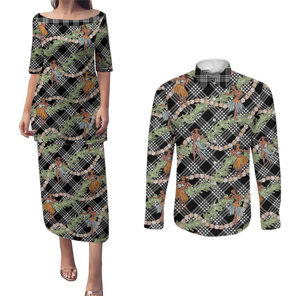 Sable Palaka Hula Girls Seamless Hawaii Aloha Couples Matching Puletasi and Long Sleeve Button Shirt LT7 Black - Polynesian Pride