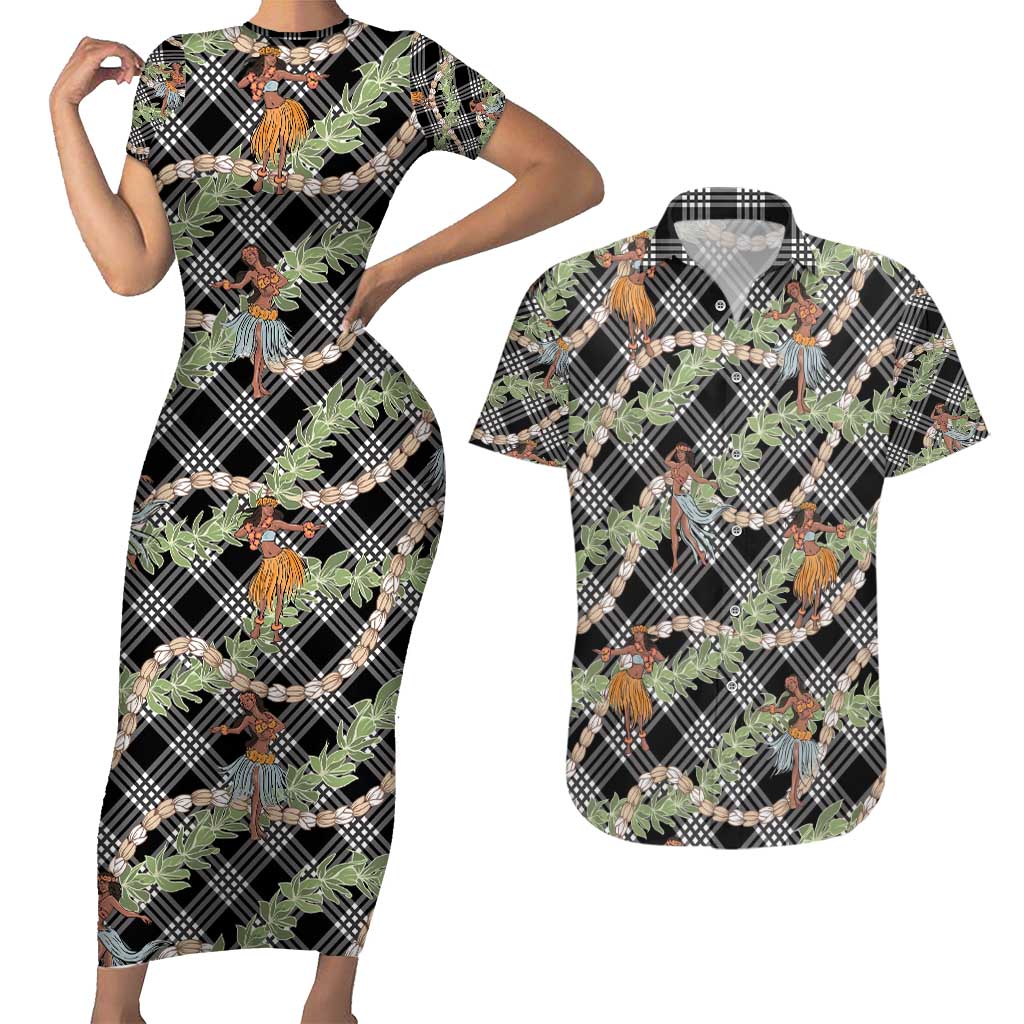 Sable Palaka Hula Girls Seamless Hawaii Aloha Couples Matching Short Sleeve Bodycon Dress and Hawaiian Shirt - Polynesian Pride