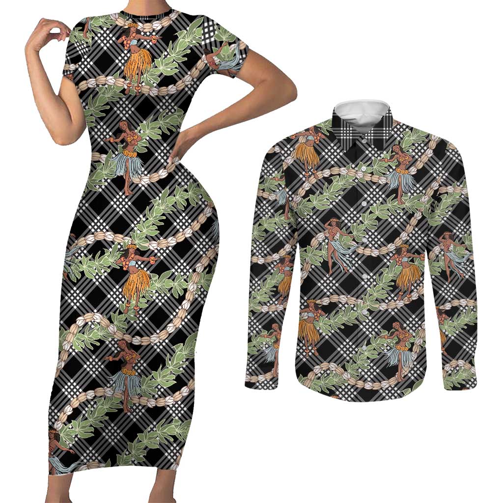 Sable Palaka Hula Girls Seamless Hawaii Aloha Couples Matching Short Sleeve Bodycon Dress and Long Sleeve Button Shirt - Polynesian Pride
