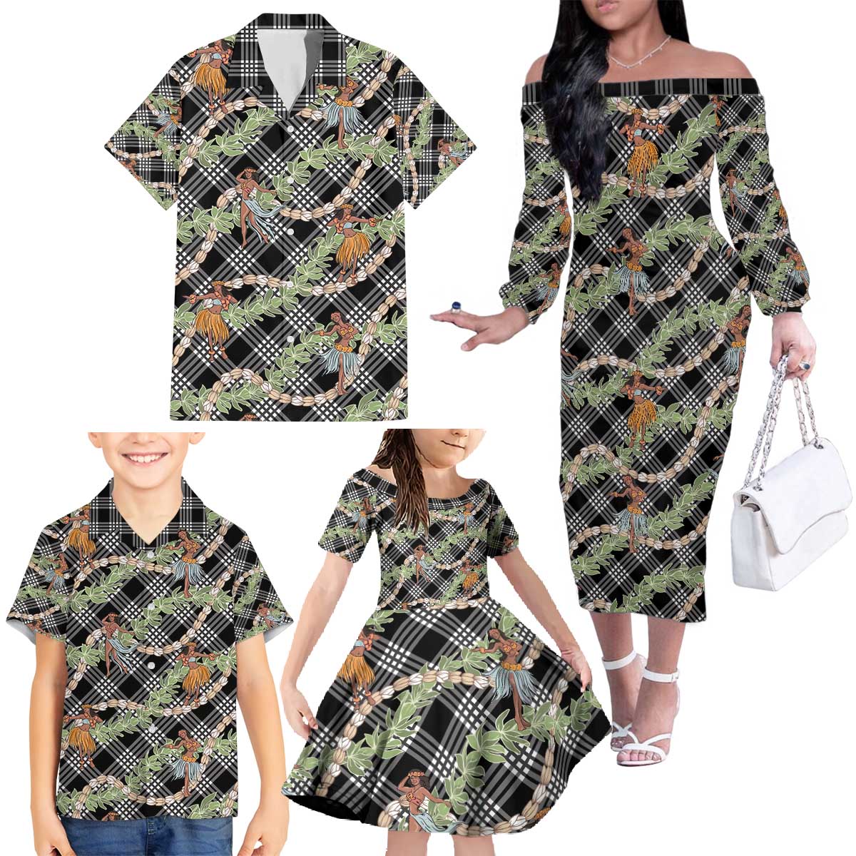 Sable Palaka Hula Girls Seamless Hawaii Aloha Family Matching Off The Shoulder Long Sleeve Dress and Hawaiian Shirt - Polynesian Pride